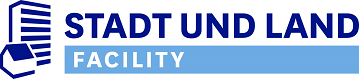 Das Bild zeigt das Logo der STADT UND LAND Facility-Gesellschaft mbH in den Farben dunkelblau, hellblau und weiß.